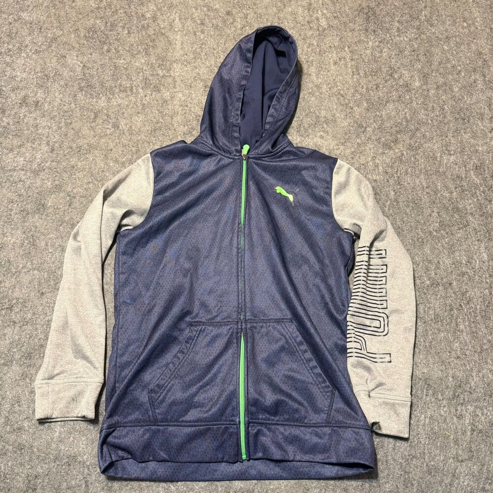 Puma Boys Performance Hoodie Size XL (18/20) Blue Grey Active Fleece Full Zip